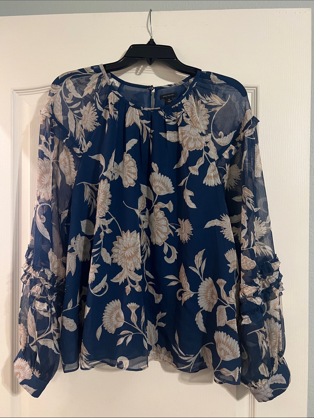Floral Deep Blue Ann Taylor Sheer Long-Sleeve Blouse